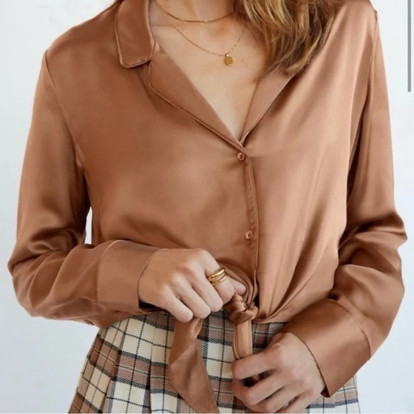 Aritzia Wilfred Brown Satin Button Tie Blouse - Picture 1 of 8